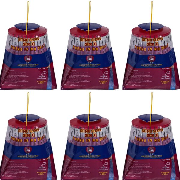 6 Fly Jail X Large Bag - Outdoor Disposable Fly Trap | Pre-Baited with Flies Inn Attractant | Outdoor Fly Catcher; RECYCABLE