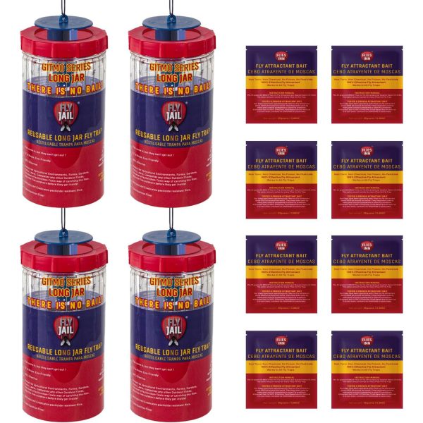 4 Fly Jail Long Jar Reusable Outdoor Fly Trap with 8 Flies Inn Attractant Baits