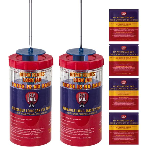 2 Fly Jail Long Jar Reusable Outdoor Fly Trap with 4 Flies Inn Attractant Baits