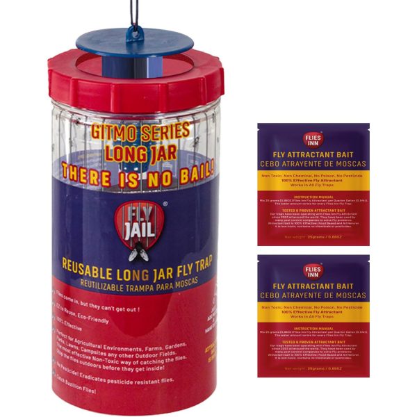 Long Jar Reusable Outdoor Fly Trap with 2 Flies Inn Attractant Baits
