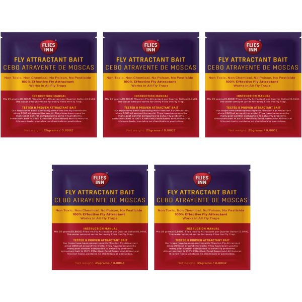 5 Flies Inn Fly Attractant Bait Refills for Outdoor Fly Traps, Low Odor, Works with Every Fly Trap