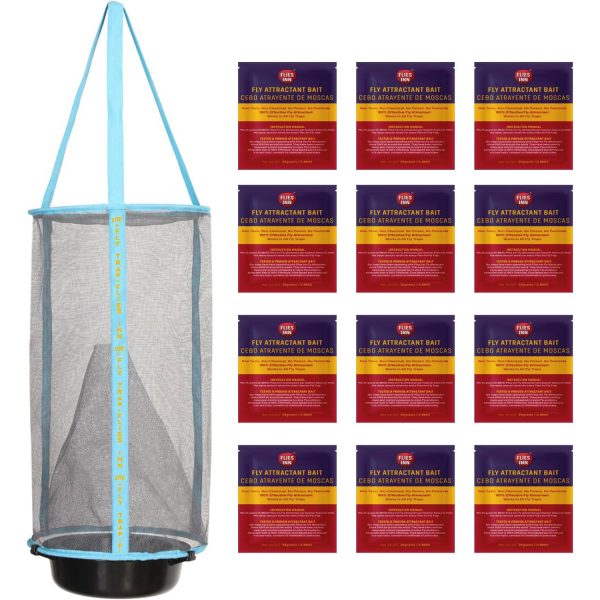 1 Flies Inn LITE Fly Cage Ranch Fly Trap with 12 Flies Inn Fly Bait Refill, Low Odor, Reusable, Built to Last for Years