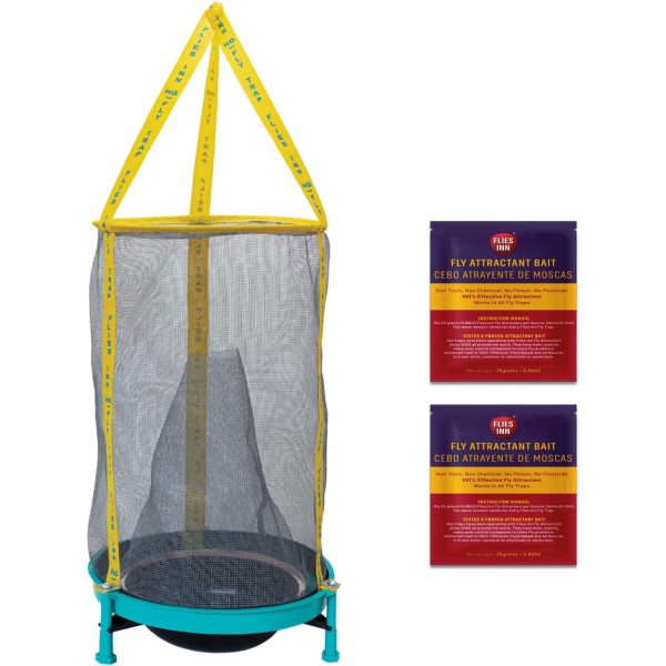 Flies Inn EZ Fly Cage Ranch Fly Trap with 2 Flies Inn Fly Attractant Bait Refill, Low Odor, Reusable, Built to Last for Years