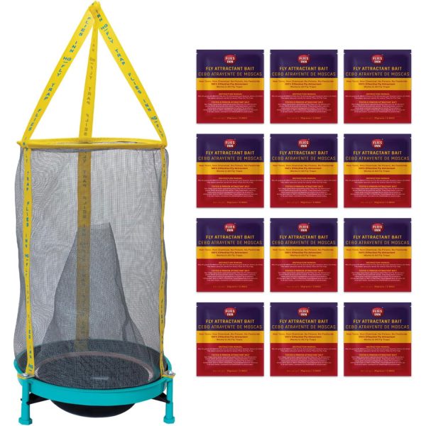 EZ Fly Cage Ranch Fly Trap with 12 Flies Inn Fly Attractant Bait Refill, Low Odor, Reusable, Built to Last for Years